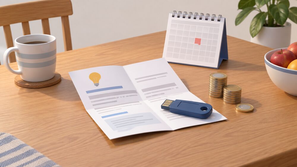 A small kitchen table scene with a folded energy bill lying open beside a neat stack of coins, a wall calendar showing a single marked day, and a prepayment meter key resting on the paperwork, suggesting the daily charge that accrues whether or not any energy is used.