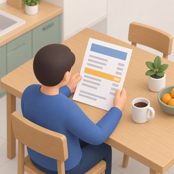 A printed household energy bill lying on a kitchen table, held by a simplified isometric figure, with the daily standing charge shown as a highlighted plain colour band among blank lines for the other charges.