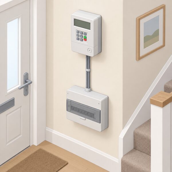 A domestic electricity prepayment meter mounted on an interior wall of a home, with its keypad and display shown as plain blank blocks, connected by a visible cable running down to a consumer unit, in a simple hallway setting.
