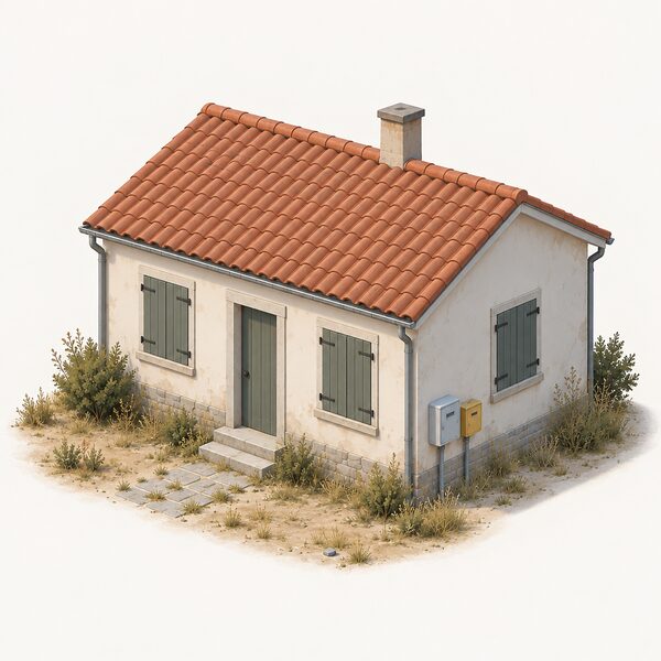 A small empty holiday cottage, shutters closed and no one about, with a plain electricity meter box and a gas meter box on its outside wall and no other activity around it.