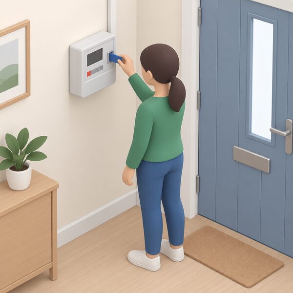 A simplified figure stands at an indoor prepayment electricity meter beside the front door, inserting a top-up key into the meter slot, with the meter's display shown as plain blank blocks and a small debt indicator band.