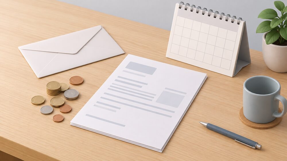 A small tabletop arrangement of a blank energy bill, a plain envelope, a scatter of coins and a wall calendar with unmarked days, representing the fixed daily charge owed even when no energy is used.