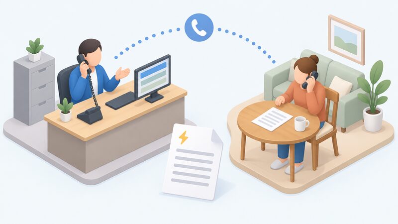 A simplified isometric adviser at a desk with a phone and a screen of plain colour bands speaks with a householder seated at their own phone at a home table, an energy bill as a paper with blank lines lying between them, showing a free advice call about a credit dispute.