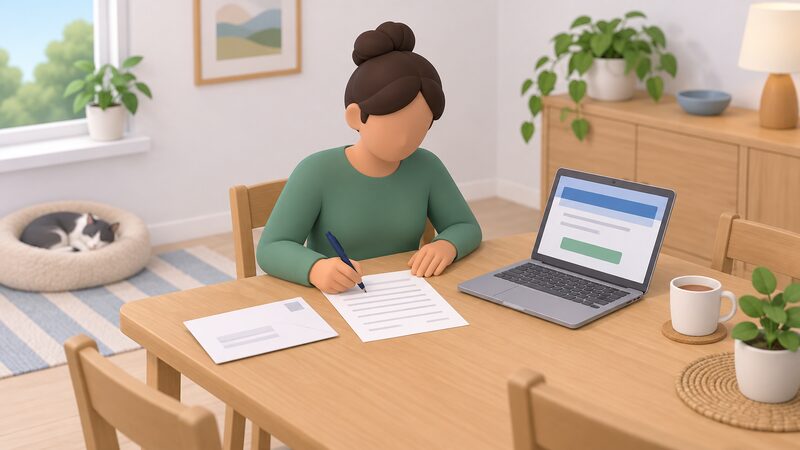 A person at a home table works through an energy complaint, writing on a printed complaint form while a laptop beside them shows a complaint webpage, with a supplier's deadlock letter lying on the table as the escalation trigger.
