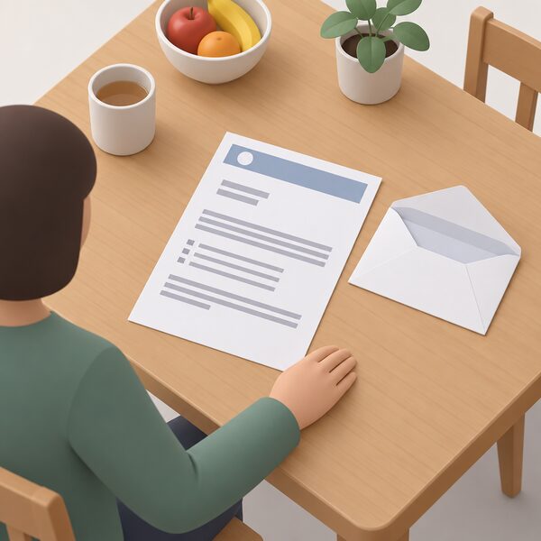 A printed supplier letter lying on a kitchen table beside an opened envelope, its page showing a letterhead band, a few short paragraph blocks and blank lines where the reason for withholding the credit balance refund would be written, with a household member's hand resting beside it.