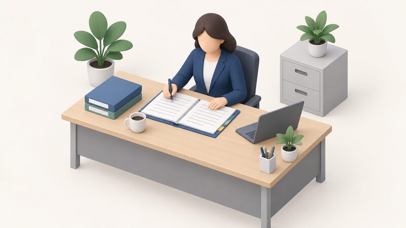 A simplified isometric figure of the Energy Ombudsman seated at an office desk, reviewing an open complaint file with blank-lined papers, a pen in hand, deciding the case.