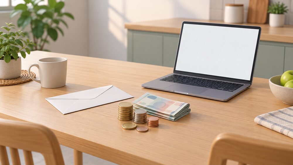 A small stack of coins and folded banknotes resting beside a blank white envelope and a laptop with a blank screen on a kitchen table, showing the moment a household asks for its own money back from an energy supplier.
