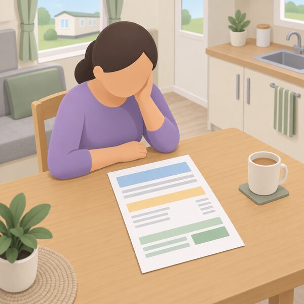 A paper energy bill lying on a kitchen table in a park home, shown as a physical document with blank lines and plain colour bands where the charges and payment options would be, with a simplified figure's hand resting beside it.