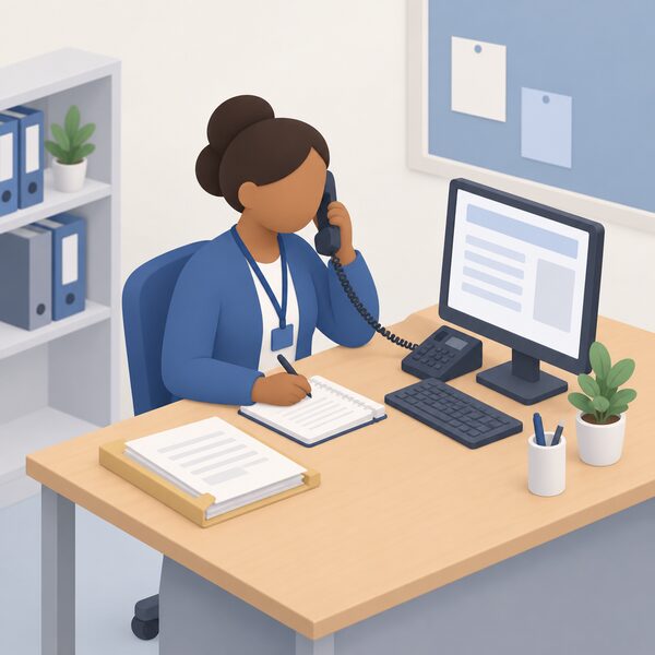 A Citizens Advice adviser at a desk taking a referral about an energy complaint, holding a phone to their ear while looking at a computer screen showing a plain case record, with a printed case file and notes on the desk beside them.