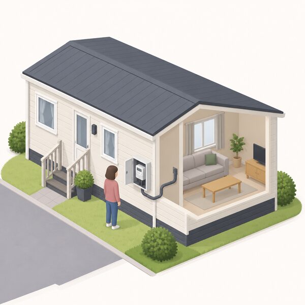 A small single-storey park home on a residential site, with a simplified isometric resident standing beside the external electricity meter box mounted on the home's outer wall, the meter connected by a visible cable running from the box into the home.