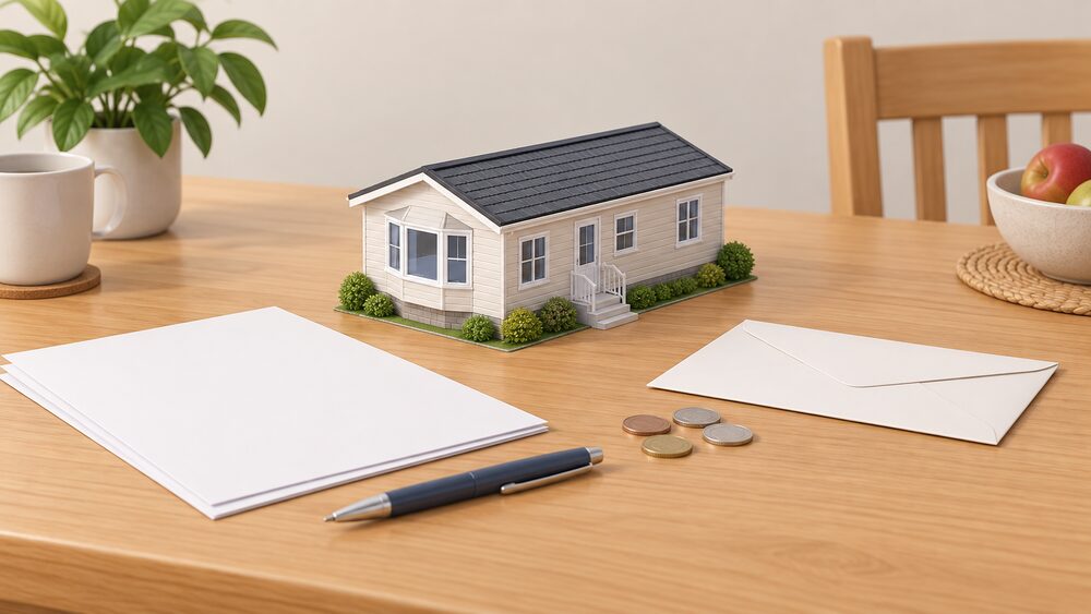 A small model of a single-storey park home with its pitched roof sits on a kitchen table beside blank paperwork, a sealed envelope, a few coins and a pen, suggesting a household deciding whether to switch energy supplier.