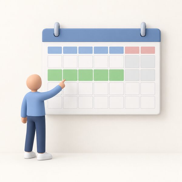 A wall calendar on a home wall with a single working week highlighted by a plain colour band across five consecutive weekday blocks, the weekend blocks left plain, with a small simplified figure standing beside it pointing at the highlighted week.