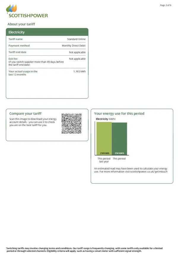 A page from a ScottishPower energy bill showing tariff details, a QR code and a bar chart of electricity usage