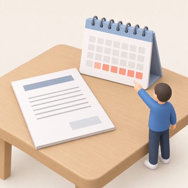 A fixed-term energy contract document lying on a household table beside a wall calendar, with a simplified figure pointing to a highlighted final stretch of days on the calendar to represent the fee-free switching window before the term ends.