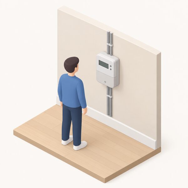 A domestic electricity meter mounted on an interior wall of a home, with clear unobstructed access around it, shown with a simplified isometric figure standing nearby reading it without blocking it.