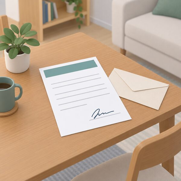 A signed guarantee document lying on a household table, drawn as a physical sheet with a plain colour band heading, blank lines for the commitments and a simple signature mark at the foot, beside a plain envelope.