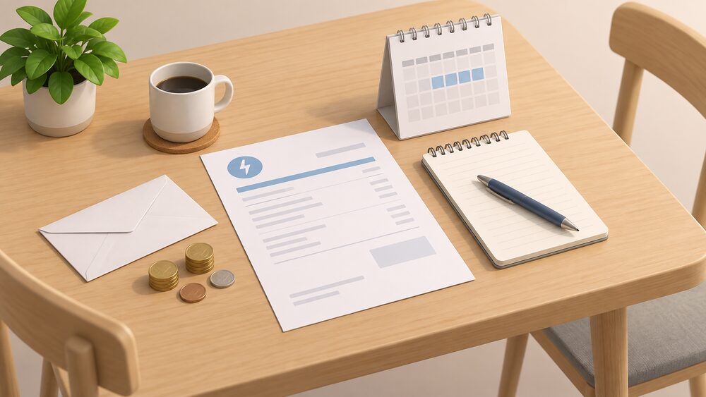 A kitchen table with a blank energy bill, a blank notepad, a pen, a small calendar and a few coins beside an envelope, suggesting a household preparing to switch energy supplier.