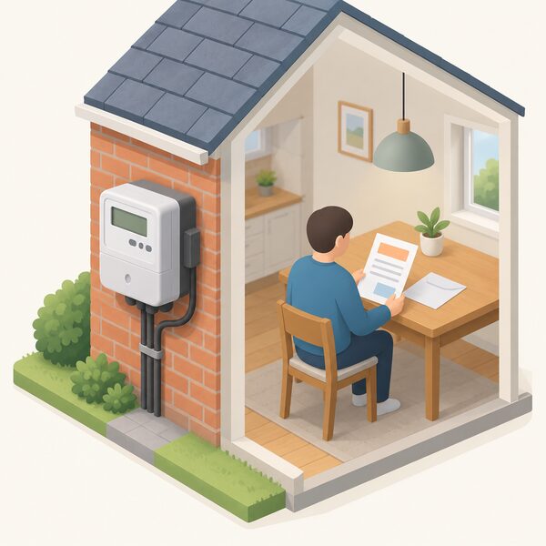 A domestic electricity meter mounted on an outside wall of a house, with quarterly energy bill paperwork shown as a physical document resting on a table inside, its figures rendered only as blank lines and plain colour blocks.