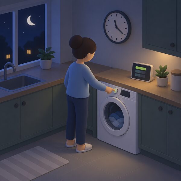 A simplified isometric figure presses the start button on a washing machine in a dimly lit kitchen at night, with a wall clock showing a late hour and a smart meter display nearby indicating a low off-peak rate, conveying the household shifting laundry into the cheaper overnight window.