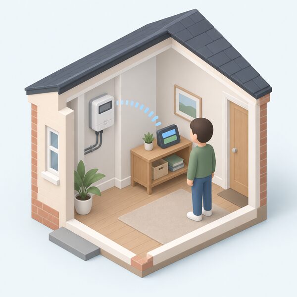 A cutaway interior view of a home showing a smart electricity meter on an inside wall with its small display unit on a nearby shelf, a small isometric figure glancing at the display, and a simple signal arc linking the two to show readings being sent automatically.