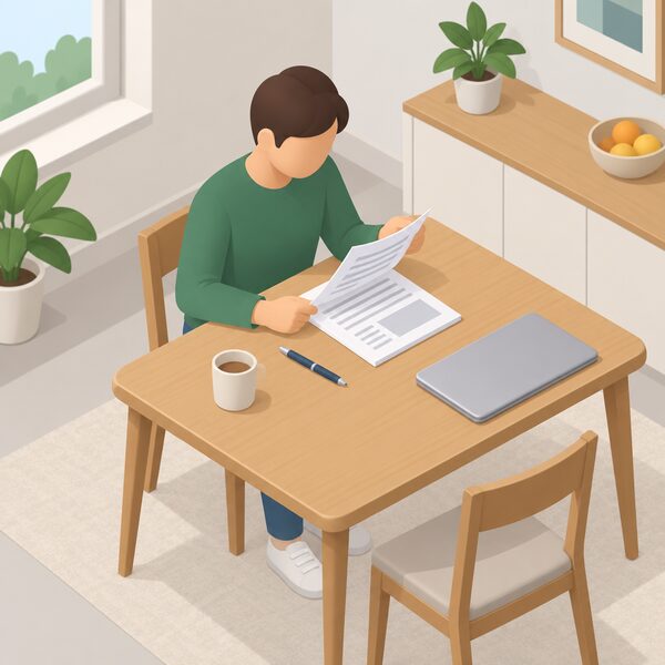 A householder seated at a kitchen table at home reads a printed energy contract document, turning to a terms page, with a pen beside it and a laptop closed nearby, as they check the small print before switching supplier.
