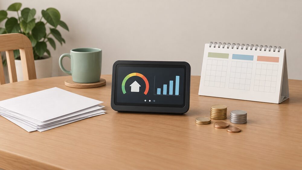 A kitchen table seen from the front, with a smart meter in-home display standing centrally beside a small stack of blank energy bills, a plain wall calendar showing a three-month cycle, and a few coins, suggesting a household comparing tariff prices.