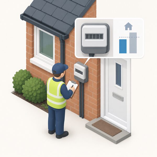 A domestic electricity meter mounted on an exterior house wall, its display showing only blank blocks, with a simplified isometric figure of a meter reader standing beside it recording the consumption onto a clipboard, showing the metered household consumption data behind the benchmark figures.