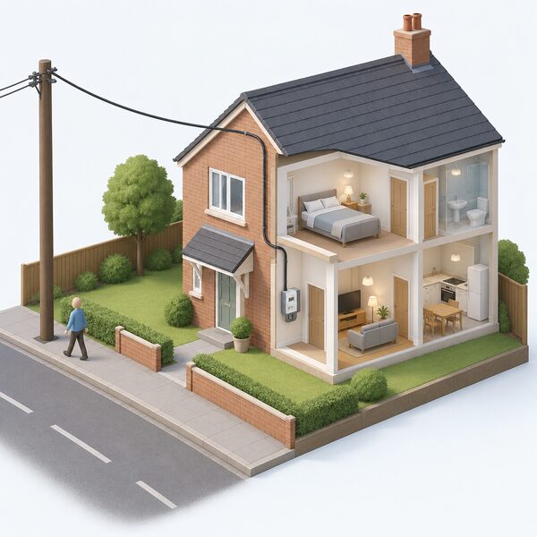 A simplified isometric UK house with an electricity supply cable running from an overhead or underground grid connection into the home, showing the household drawing all its power from the external network rather than from any on-site generation or storage.