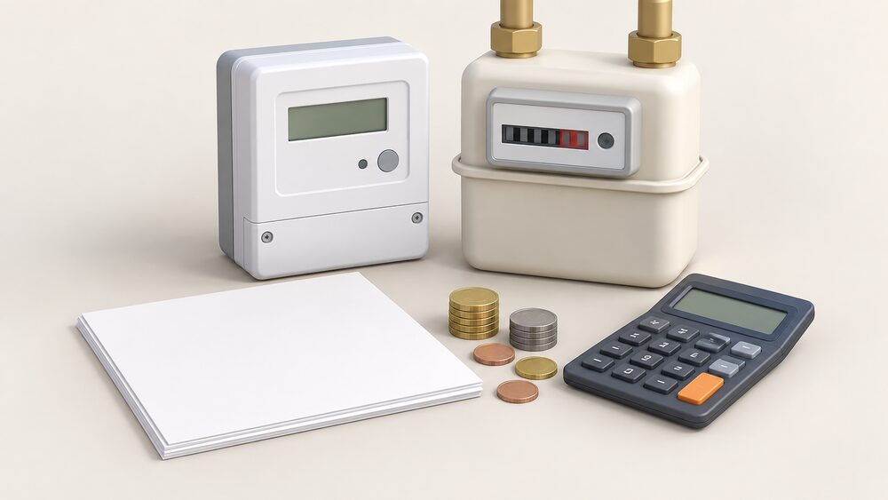 A small tabletop arrangement showing a domestic electricity meter and a gas meter standing beside blank bill paperwork, a calculator and a few coins, all laid out as a household sits down to compare its metered usage against a benchmark figure.