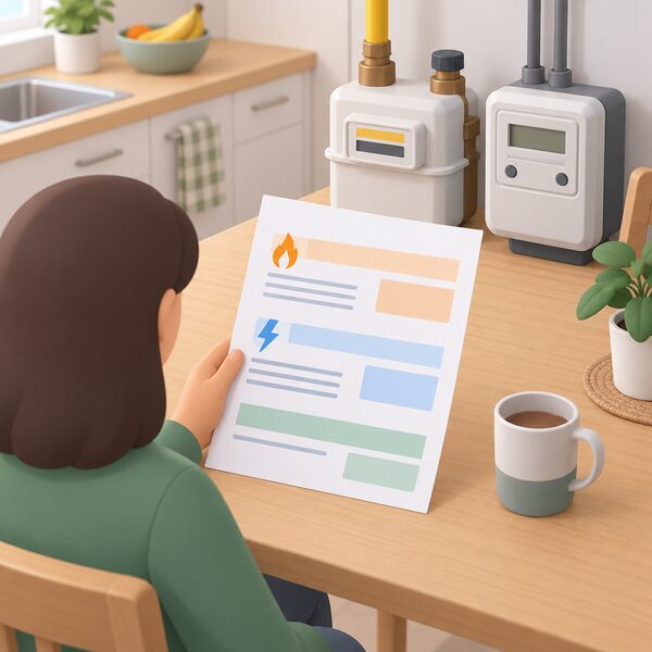 A paper annual dual fuel energy bill lying on a kitchen table beside a gas meter and an electricity meter, with a simplified isometric householder's hand holding the sheet, its totals shown only as blank lines and plain colour bands so no readable figures appear.