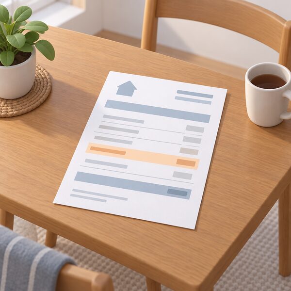 A paper energy bill lying on a household table, drawn as a physical document with plain blank line items including a separate highlighted VAT line alongside the unit rate and standing charge lines, with no readable words or figures.