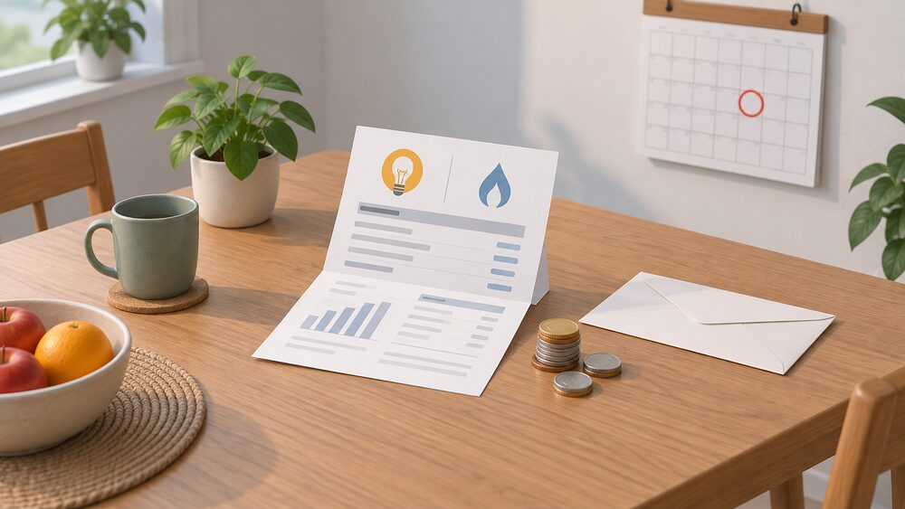 A kitchen table with a folded paper energy bill beside a small stack of coins, a plain envelope, and a wall calendar showing a single circled date, arranged as a household checking the tax line on its energy costs.