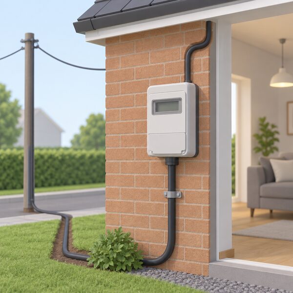 A domestic electricity meter mounted on an outside wall of a house, with the incoming grid supply cable entering it from below and a supply cable continuing up into the house, showing the home still drawing its electricity from the grid.