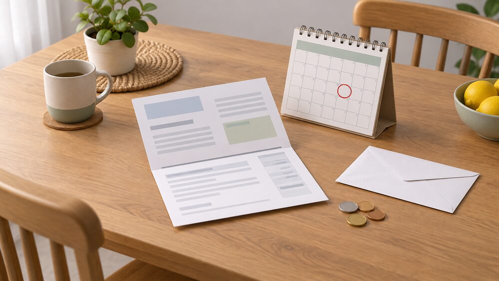 A kitchen table with a folded energy bill lying open beside a wall calendar with one circled date, a blank envelope, and a few coins, showing the moment a household checks a fixed deal's end date before deciding whether to switch.