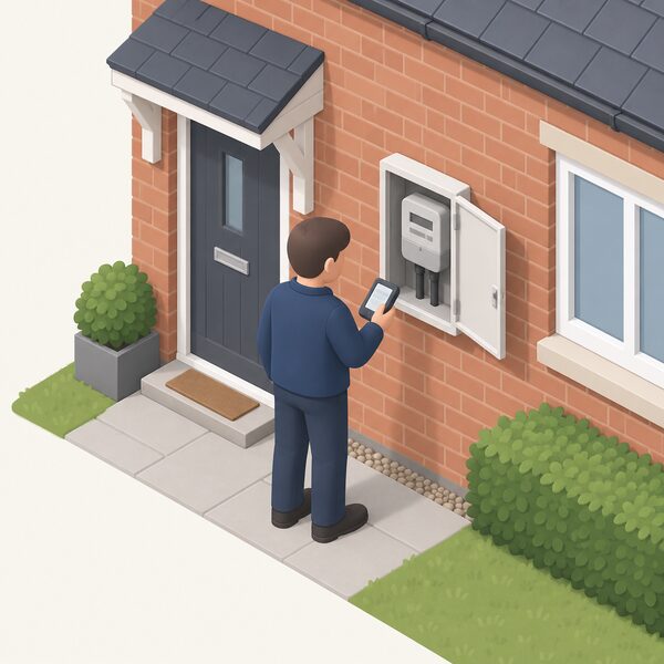 A simplified isometric meter reader in plain clothing stands at an external electricity meter box on the outside wall of a UK home, holding a handheld device and reading the meter inside the open box.