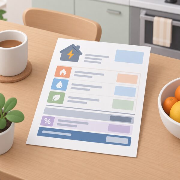 A paper domestic energy bill lying on a kitchen table, its layout showing itemised charge blocks totalled into a subtotal with a smaller VAT band added beneath to give a final total, with no readable figures.