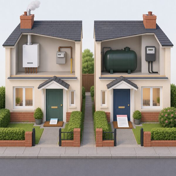 Two neighbouring houses on the same street shown side by side, one with a gas boiler flue and the other with an oil tank and different meter, each with a bill letter on the doormat shown as a plain paper with blank lines, one visibly larger than the other.