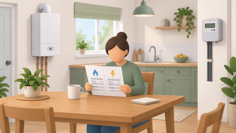 A householder at a kitchen table holding a printed quarterly gas and electricity statement, the sheet showing plain unlabelled line blocks for unit rate, standing charge and VAT, with a simple gas boiler and electricity meter visible in the home setting.