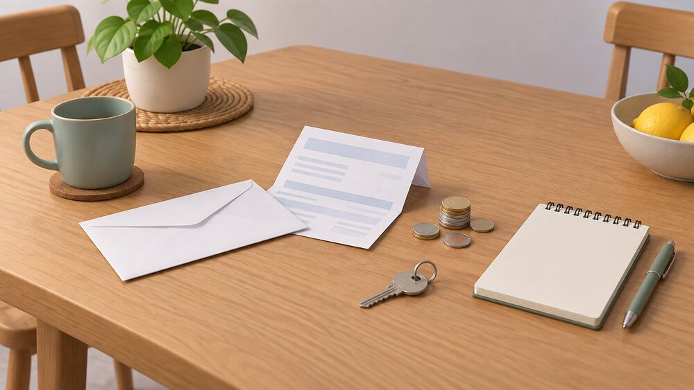 A kitchen table with a folded paper energy bill beside a plain envelope, a small stack of coins, a house key and a blank notepad, arranged as a household sits down to work out where its gas and electricity money goes.