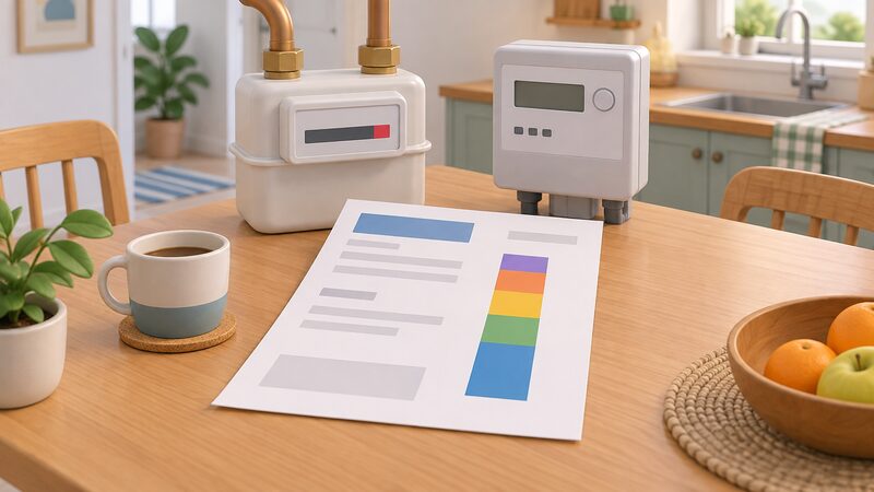 A printed quarterly dual fuel bill lying on a kitchen table beside a gas meter and electricity meter, its page showing a single stacked bar divided into plain colour bands for wholesale, network, policy, operating and VAT components, with no readable figures.