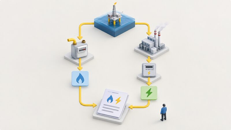 A simplified flow diagram with a gas market source at the top feeding two arrows: one to a gas meter and gas unit rate block, and one to a gas-fired power station connected to an electricity meter and electricity unit rate block, both joining a dual fuel bill at the bottom.