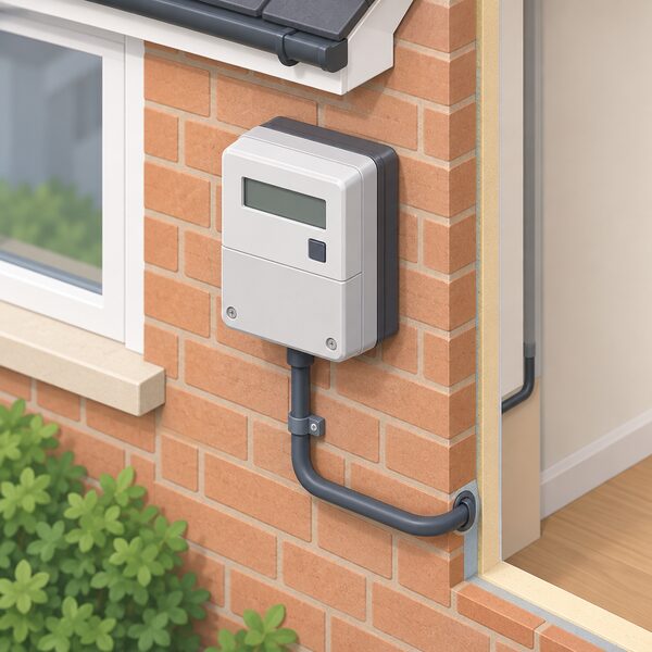 A domestic electricity meter mounted on an exterior house wall, drawn in isometric view with its supply cable entering from the meter and running into the house, showing the point through which every unit used and the standing charge are measured.