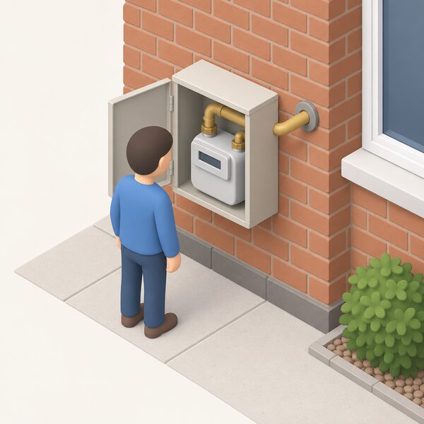 A domestic gas meter in its housing box mounted on the outside brick wall of a house, with the inlet pipe entering the wall and a small isometric figure standing beside it reading the meter display.