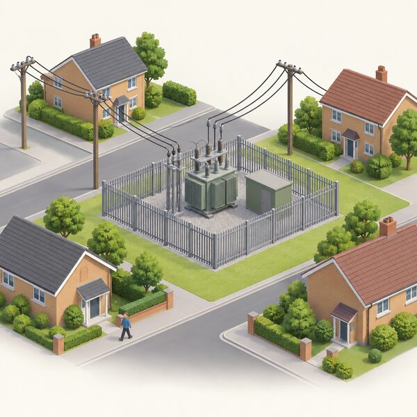 A small ground-level local electricity substation in a fenced compound on a residential street, with overhead distribution lines running out to nearby houses, representing the regional distribution network whose costs set each region's separate price cap.
