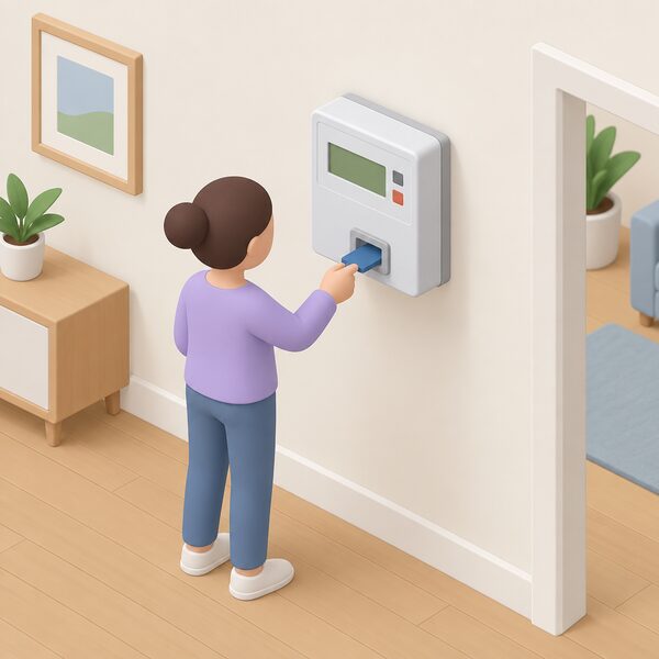 A wall-mounted prepayment electricity meter inside a home with a small isometric figure sliding a key into its slot, shown as a simple domestic scene with no display text or figures.