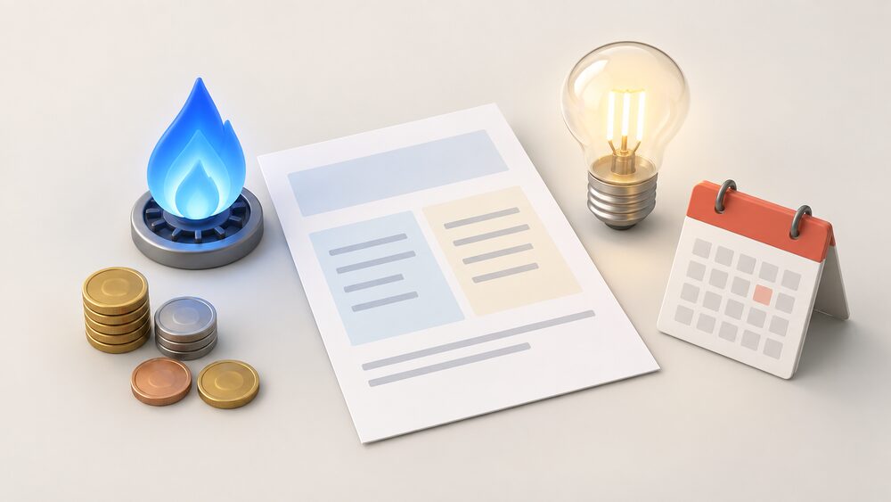 A small tabletop arrangement showing a blank dual fuel bill beside a tiny model gas flame and a small electric light bulb, with a few coins and a calendar page, representing how wholesale gas costs reach both halves of a household energy bill.