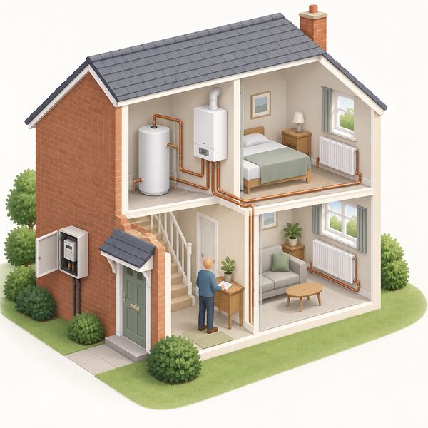 A simple cutaway view of a typical British house with a gas boiler on an inside wall connected to radiators and a hot water cylinder, and an electricity meter in a box on an outside wall, with a Direct Debit payment letter shown on the hall table.