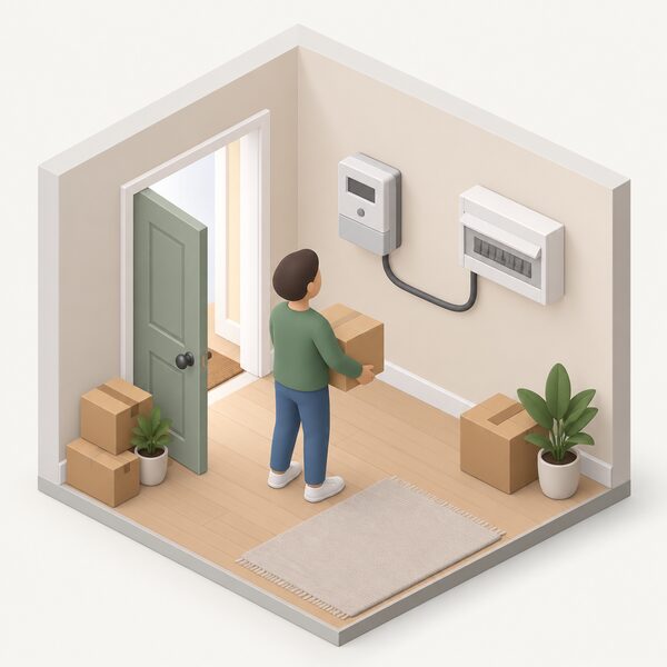 A simplified isometric view of a home interior wall with an electricity meter mounted on it, connected by a cable to the consumer unit, while a small figure of a new occupant stands nearby holding a moving box, showing a household using energy without an agreed contract.
