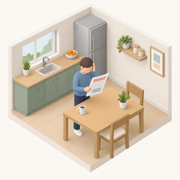 A simplified isometric figure stands at a kitchen table in a home, holding a paper energy bill and looking at it with a concerned posture, the bill shown as a physical sheet with blank lines and plain colour blocks carrying no readable figures.