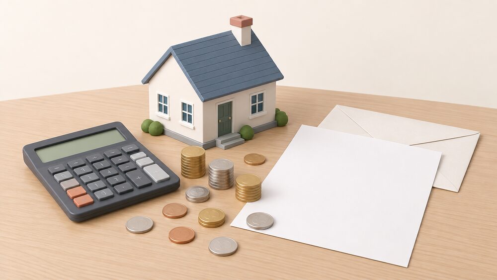 A small model of a house sits beside a blank paper energy bill and a plain envelope on a table, with a scatter of coins and a calculator arranged in front, showing a household's total bill rising above a benchmark figure.